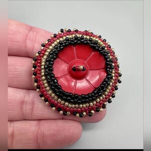 Vintage Leather Beaded Native American  Brooch Pin, 1.5"